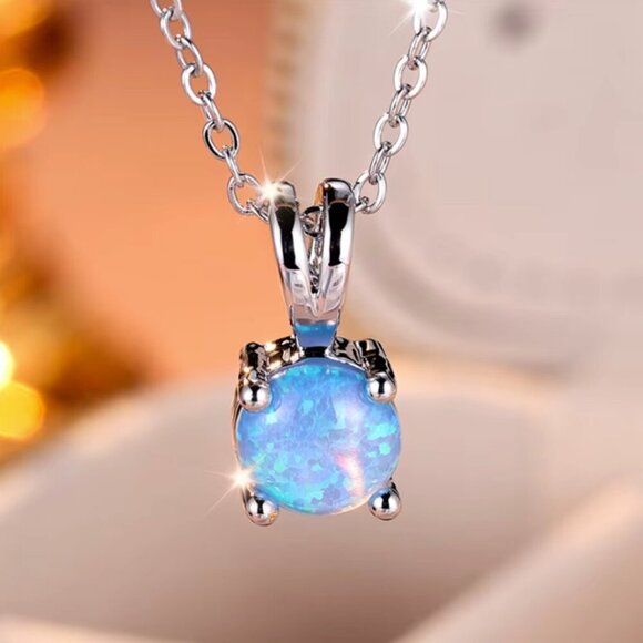 NEW 18k White Gold Blue Fire Opal Necklace Opal Pendant Necklace - Picture 2 of 5